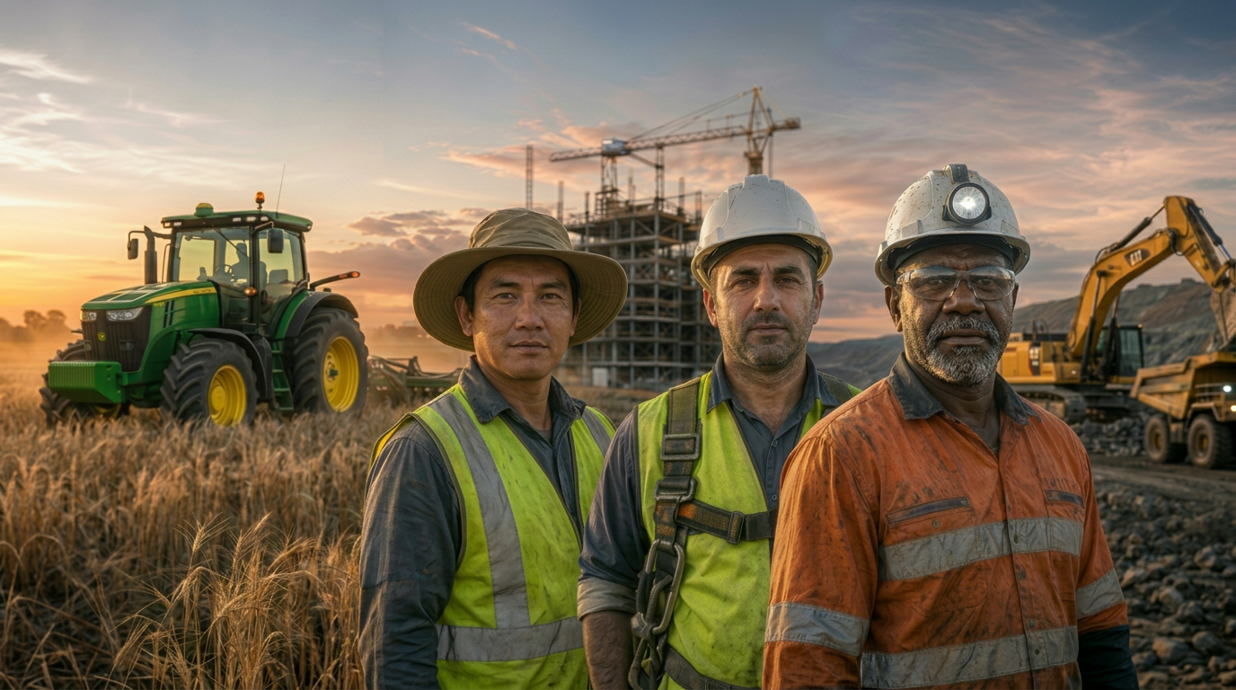 Australian agriculture, construction and mining workers from culturally and linguistically diverse backgrounds in hi-vis safety gear representing workplace health and safety training